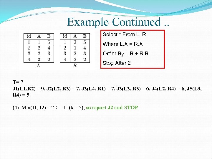Example Continued. . Select * From L, R Where L. A = R. A