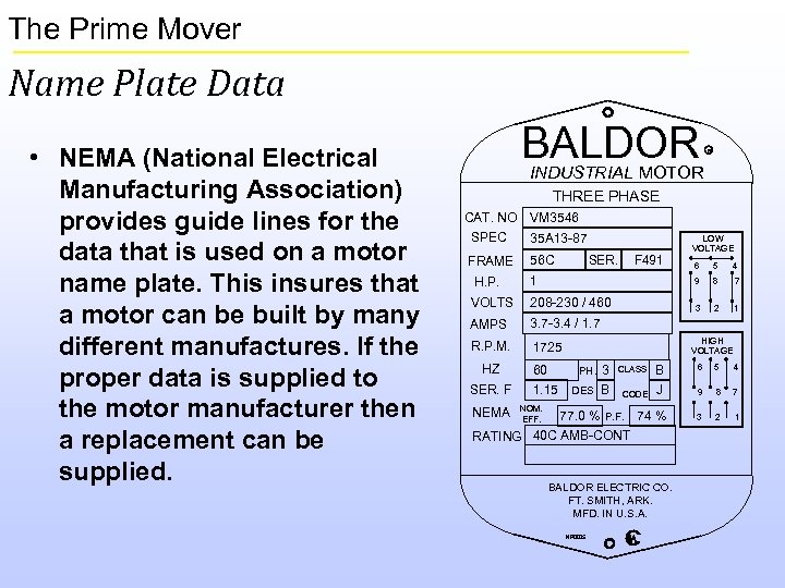 The Prime Mover Name Plate Data • NEMA (National Electrical Manufacturing Association) provides guide