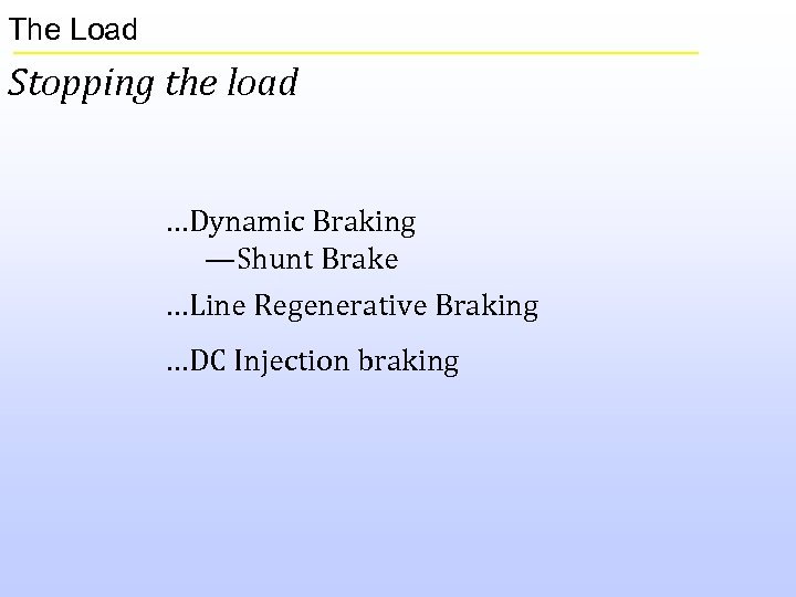 The Load Stopping the load …Dynamic Braking —Shunt Brake …Line Regenerative Braking …DC Injection