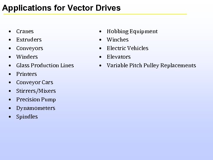 Applications for Vector Drives • • • Cranes Extruders Conveyors Winders Glass Production Lines