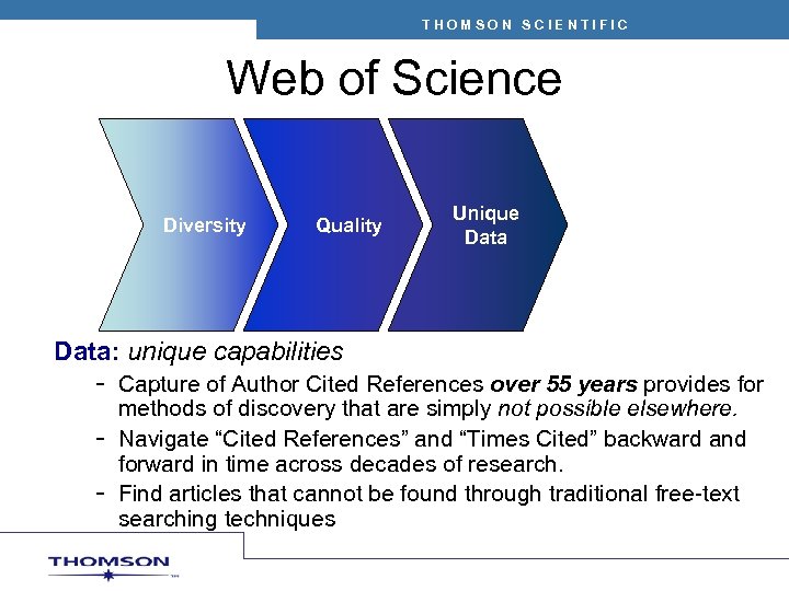 THOMSON SCIENTIFIC Web of Science Diversity Quality Unique Data: unique capabilities – Capture of