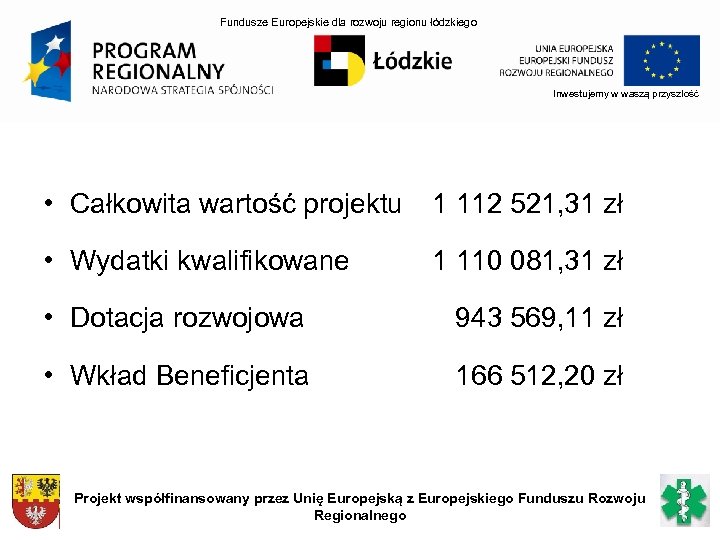 Fundusze Europejskie dla rozwoju regionu łódzkiego Inwestujemy w waszą przyszłość • Całkowita wartość projektu