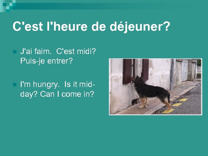 C'est l'heure de déjeuner? n J'ai faim. C'est midi? Puis-je entrer? n I'm hungry.