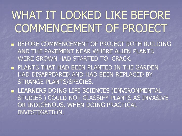 WHAT IT LOOKED LIKE BEFORE COMMENCEMENT OF PROJECT n n n BEFORE COMMENCEMENT OF