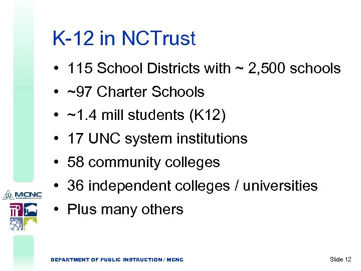 K-12 in NCTrust • 115 School Districts with ~ 2, 500 schools • ~97