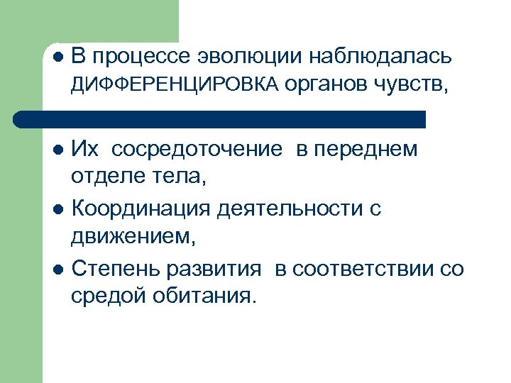 l В процессе эволюции наблюдалась ДИФФЕРЕНЦИРОВКА органов чувств, Их сосредоточение в переднем отделе тела,