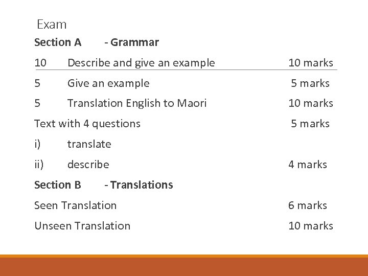 Exam Section A - Grammar 10 Describe and give an example 10 marks 5