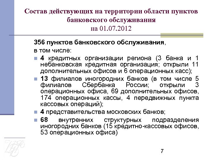 Состав действующих на территории области пунктов банковского обслуживания на 01. 07. 2012 356 пунктов