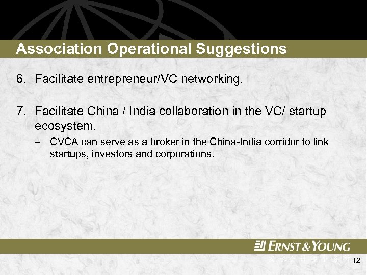 Association Operational Suggestions 6. Facilitate entrepreneur/VC networking. 7. Facilitate China / India collaboration in