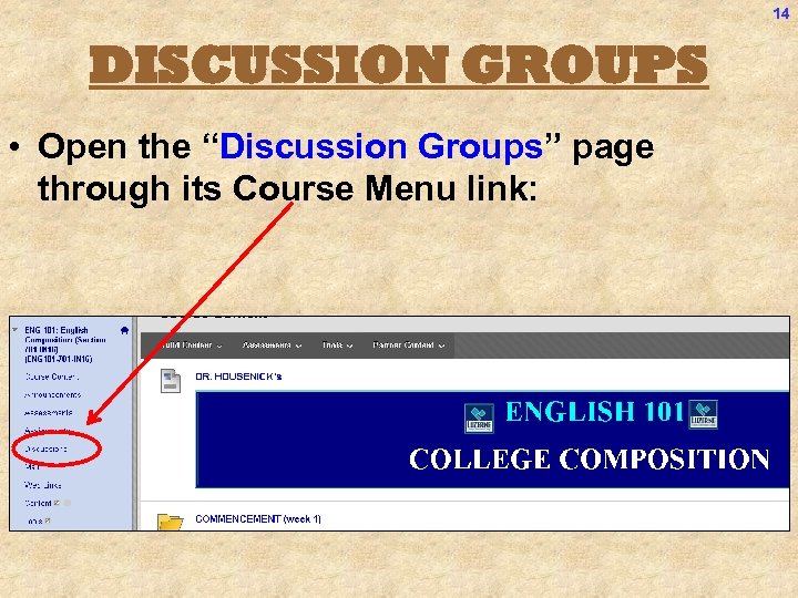 14 DISCUSSION GROUPS • Open the “Discussion Groups” page through its Course Menu link: