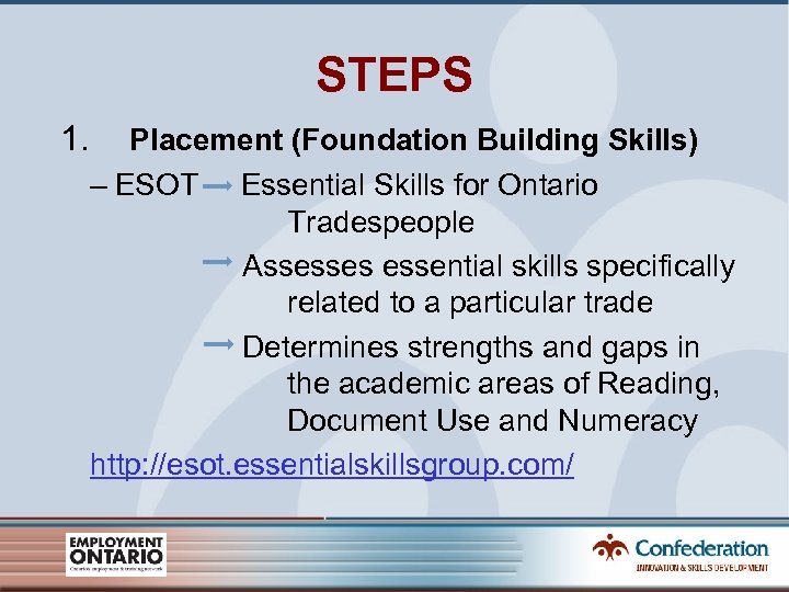 STEPS 1. Placement (Foundation Building Skills) – ESOT Essential Skills for Ontario Tradespeople Assesses