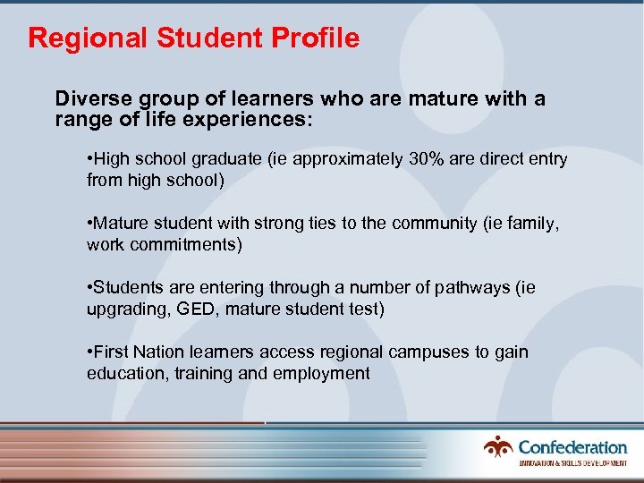 Regional Student Profile Diverse group of learners who are mature with a range of