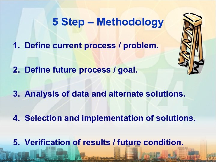 5 Step – Methodology 1. Define current process / problem. 2. Define future process
