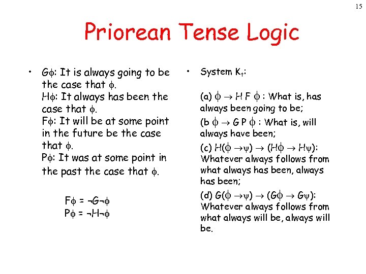 15 Priorean Tense Logic • G : It is always going to be the