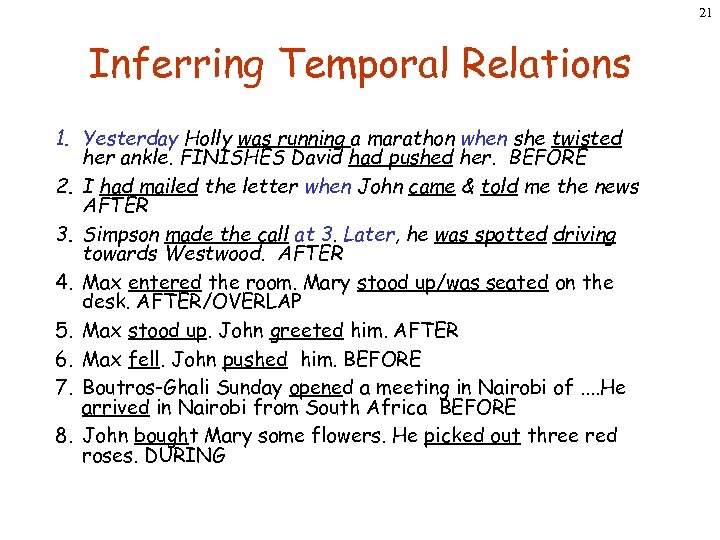 21 Inferring Temporal Relations 1. Yesterday Holly was running a marathon when she twisted