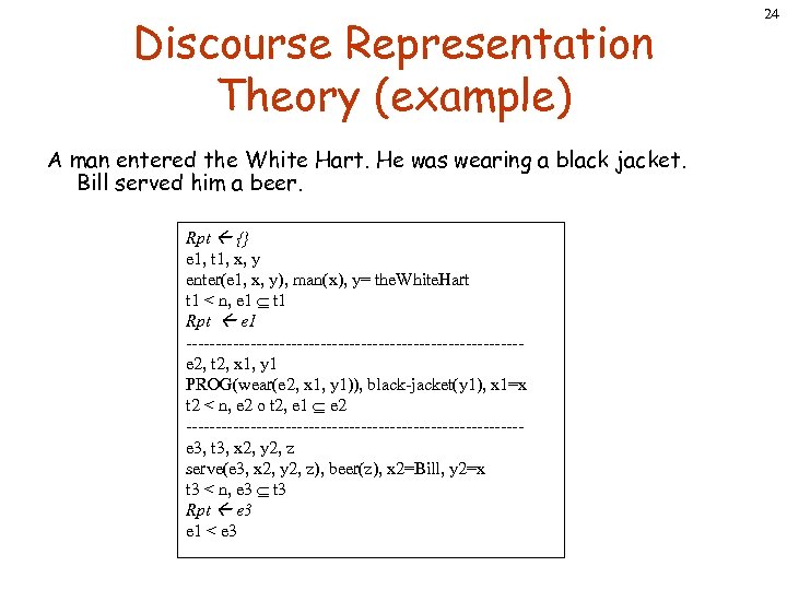 Discourse Representation Theory (example) A man entered the White Hart. He was wearing a
