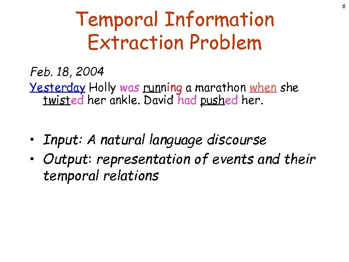 Temporal Information Extraction Problem Feb. 18, 2004 Yesterday Holly was running a marathon when