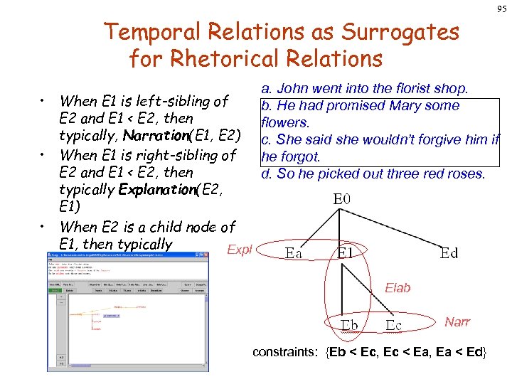 Temporal Relations as Surrogates for Rhetorical Relations • When E 1 is left-sibling of
