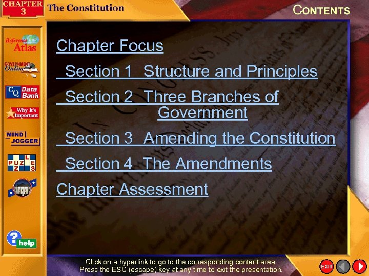 Chapter Focus Section 1 Structure and Principles Section 2 Three Branches of Government Section