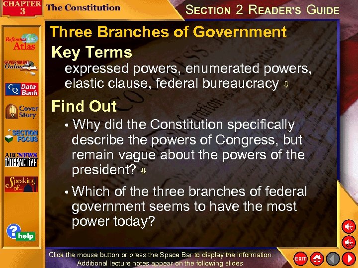 Three Branches of Government Key Terms expressed powers, enumerated powers, elastic clause, federal bureaucracy