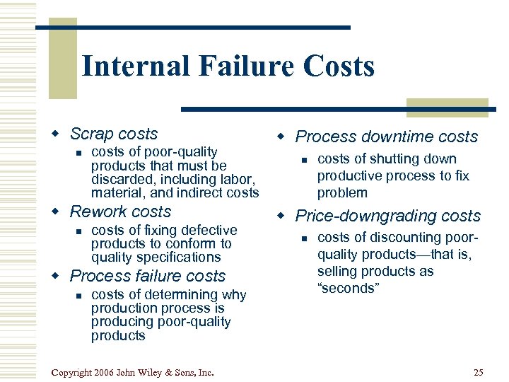 Internal Failure Costs w Scrap costs n costs of poor-quality products that must be
