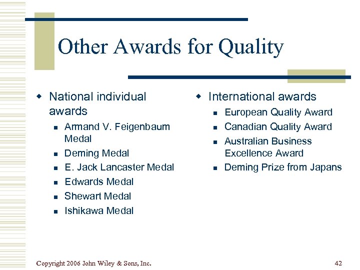 Other Awards for Quality w National individual awards n n n Armand V. Feigenbaum