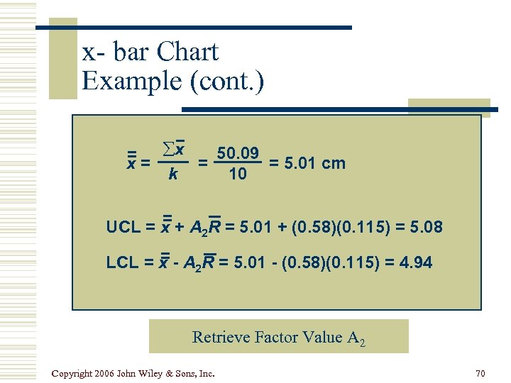 x- bar Chart Example (cont. ) 50. 09 = åx x= = = 5.