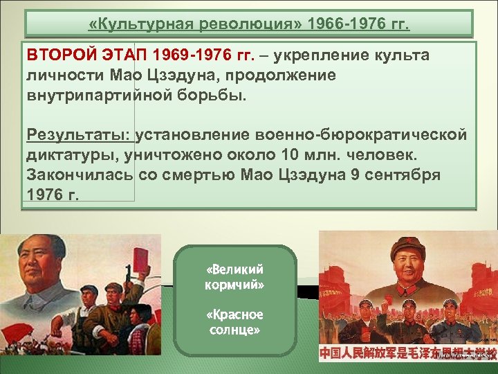  «Культурная революция» 1966 -1976 гг. ВТОРОЙ ЭТАП 1969 -1976 гг. – укрепление культа