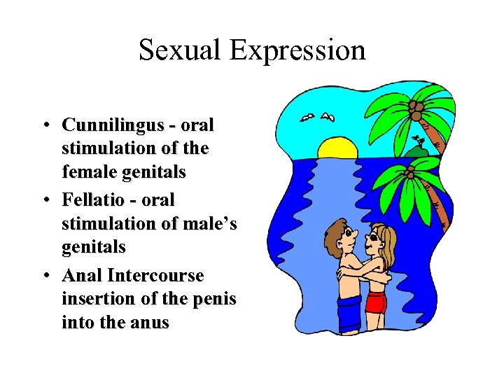 Sexual Expression • Cunnilingus - oral stimulation of the female genitals • Fellatio -