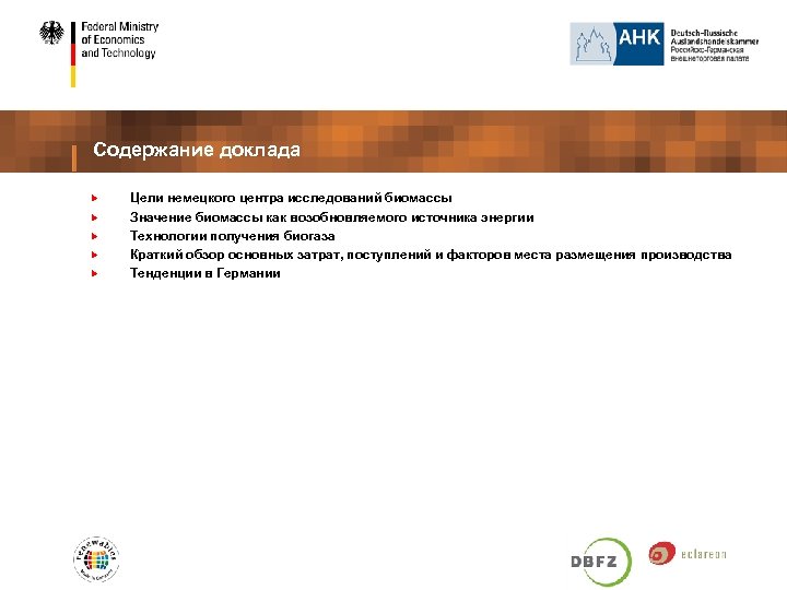 Содержание доклада Цели немецкого центра исследований биомассы Значение биомассы как возобновляемого источника энергии Технологии