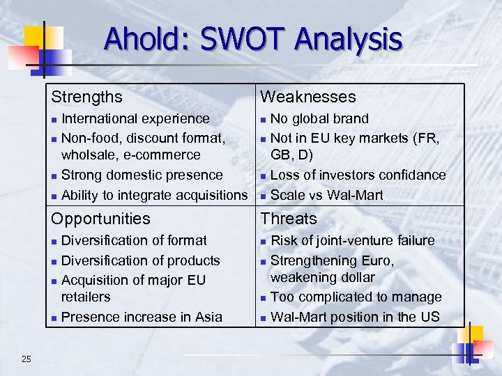 Ahold: SWOT Analysis Strengths International experience n Non-food, discount format, wholsale, e-commerce n Strong