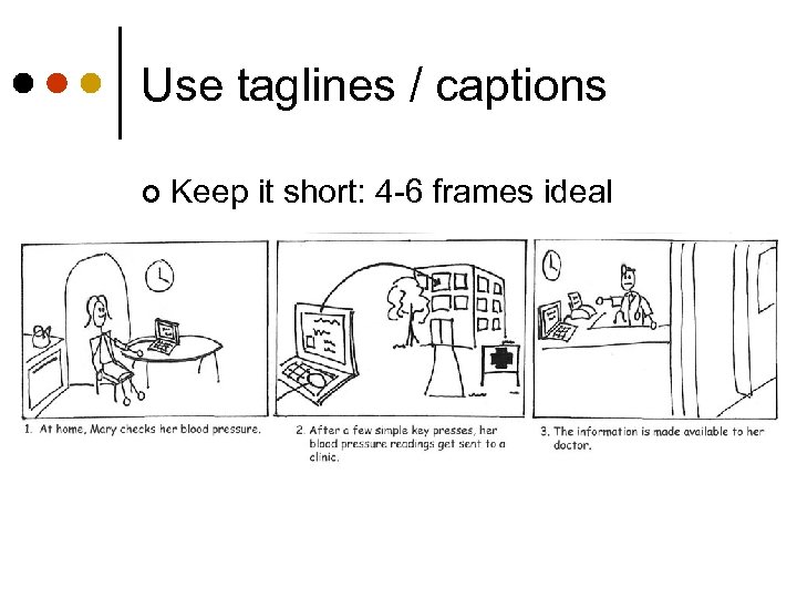 Use taglines / captions ¢ Keep it short: 4 -6 frames ideal 