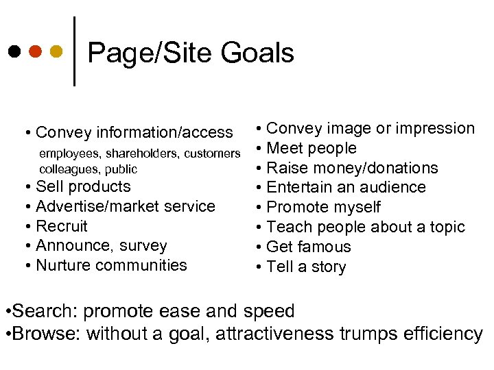 Page/Site Goals • Convey information/access employees, shareholders, customers colleagues, public • Sell products •