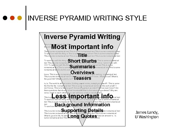 INVERSE PYRAMID WRITING STYLE Inverse Pyramid Writing Most important info This is the short