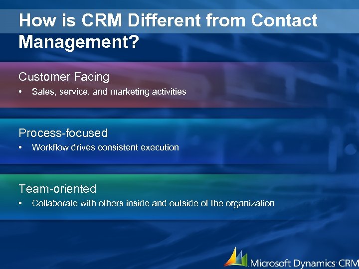 How is CRM Different from Contact Management? Customer Facing • Sales, service, and marketing