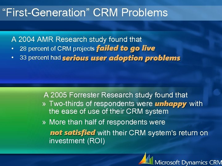 “First-Generation” CRM Problems A 2004 AMR Research study found that • 28 percent of