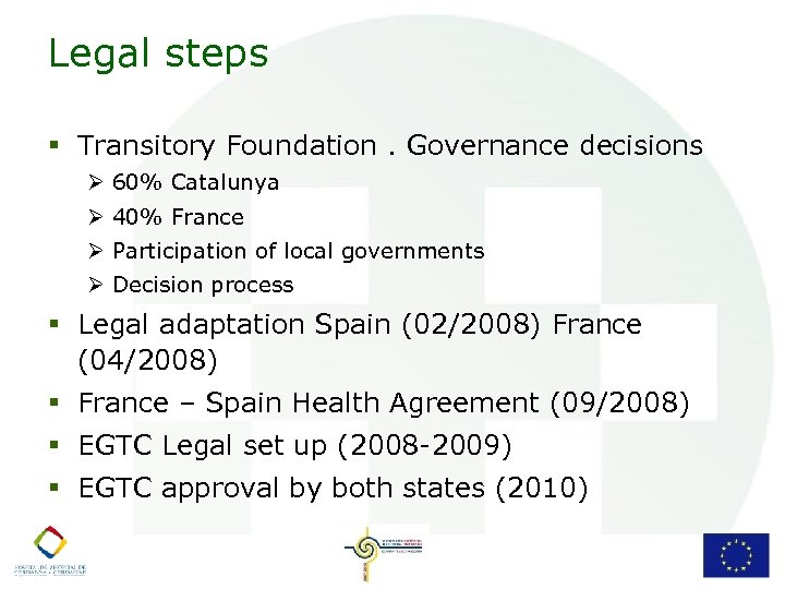 Legal steps § Transitory Foundation. Governance decisions Ø 60% Catalunya Ø 40% France Ø