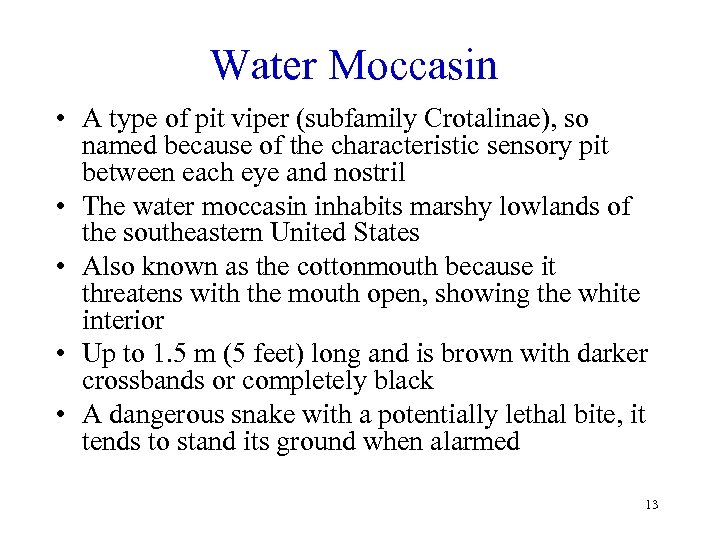 Water Moccasin • A type of pit viper (subfamily Crotalinae), so named because of