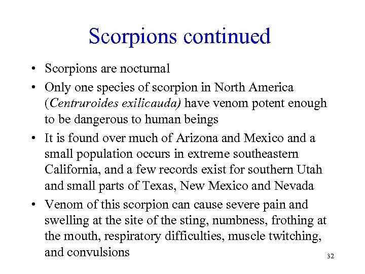 Scorpions continued • Scorpions are nocturnal • Only one species of scorpion in North