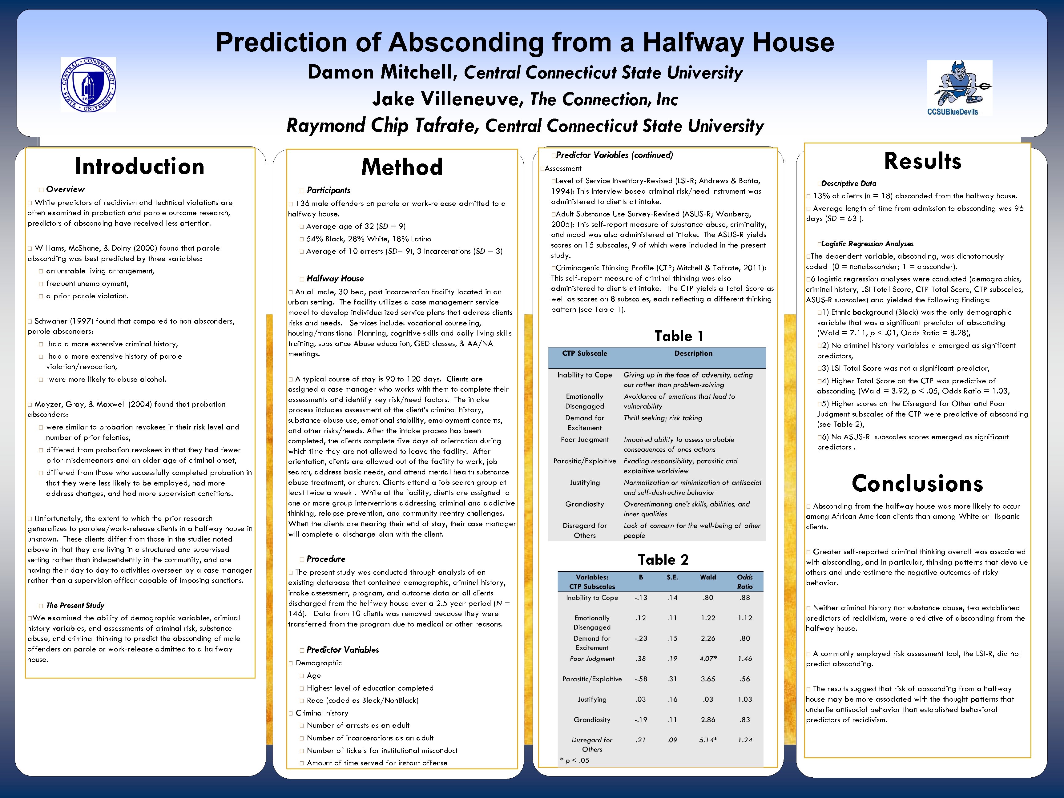 Prediction of Absconding from a Halfway House Damon Mitchell, Central Connecticut State University Jake