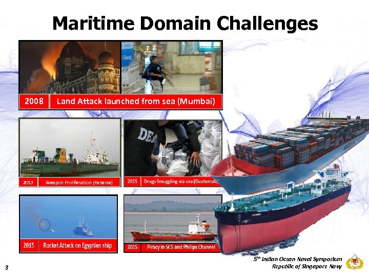 Maritime Domain Challenges 2008 2013 3 Land Attack launched from sea (Mumbai) Weapon Proliferation