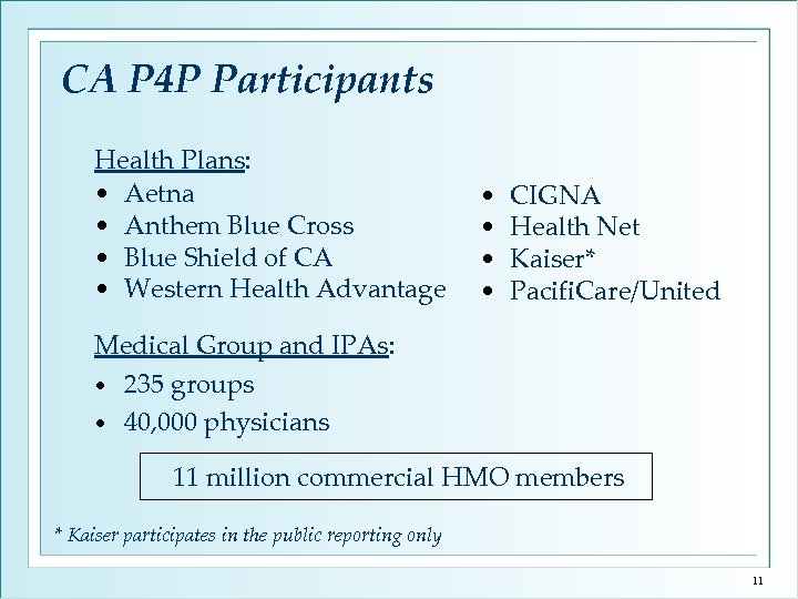 CA P 4 P Participants Health Plans: • Aetna • Anthem Blue Cross •