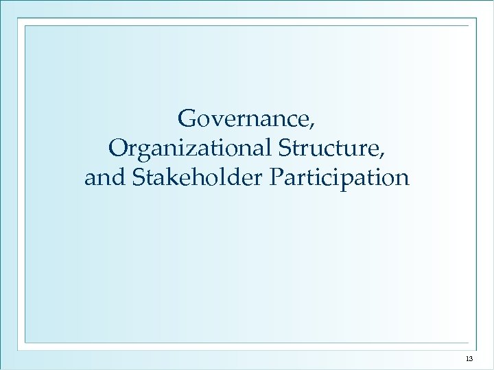 Governance, Organizational Structure, and Stakeholder Participation 13 