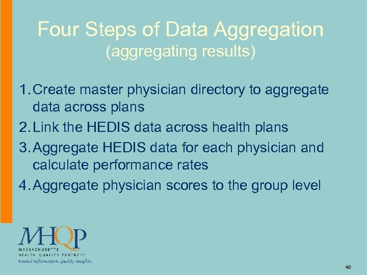 Four Steps of Data Aggregation (aggregating results) 1. Create master physician directory to aggregate