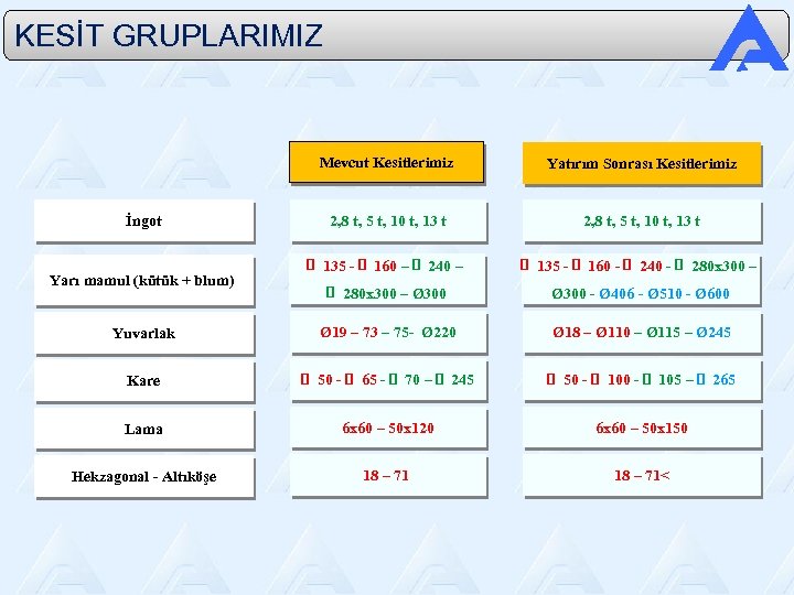 KESİT GRUPLARIMIZ Mevcut Kesitlerimiz Yatırım Sonrası Kesitlerimiz 2, 8 t, 5 t, 10 t,