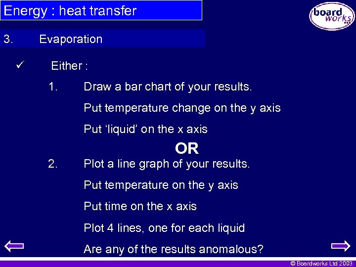 Energy : heat transfer 3. Evaporation Either : 1. Draw a bar chart of