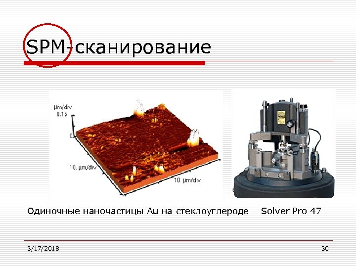 SPM-сканирование Одиночные наночастицы Au на стеклоуглероде Solver Pro 47 3/17/2018 30 