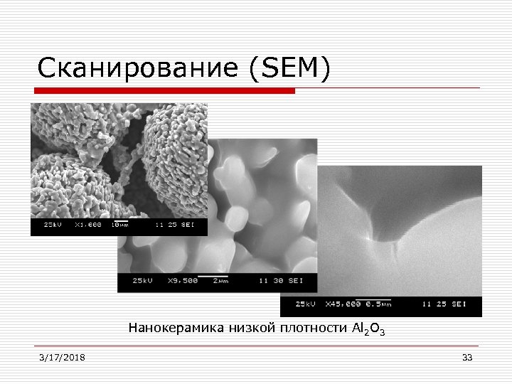 Сканирование (SEM) Нанокерамика низкой плотности Al 2 O 3 3/17/2018 33 
