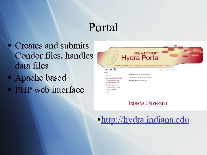 Portal § Creates and submits Condor files, handles data files § Apache based §