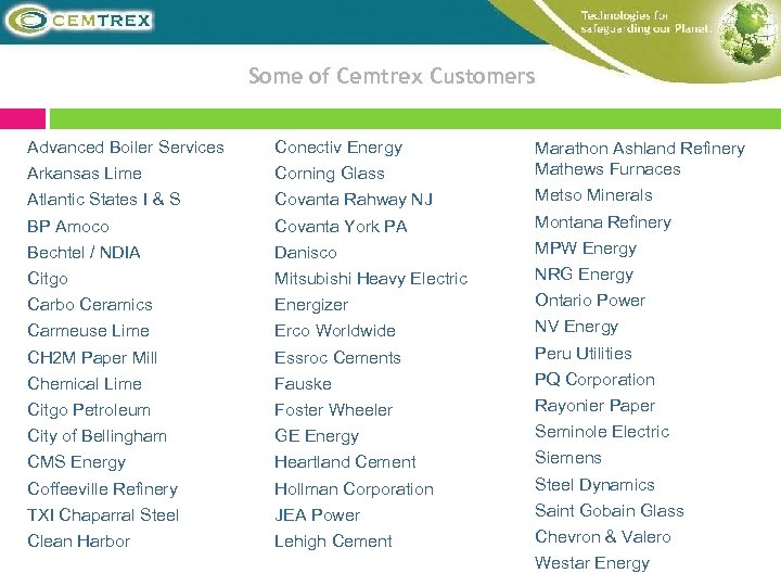 Some of Cemtrex Customers Advanced Boiler Services Conectiv Energy Arkansas Lime Corning Glass Marathon